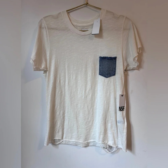 NWT NSF White Denim Pocket Detail Short Sleeve distressed T Shirt - Picture 2 of 9